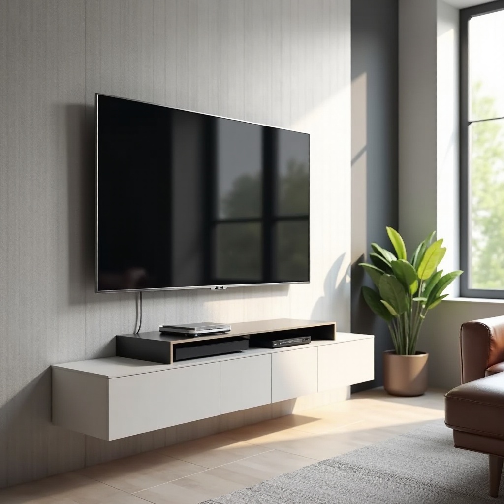 braket dinding TV dengan rak kotak kabel